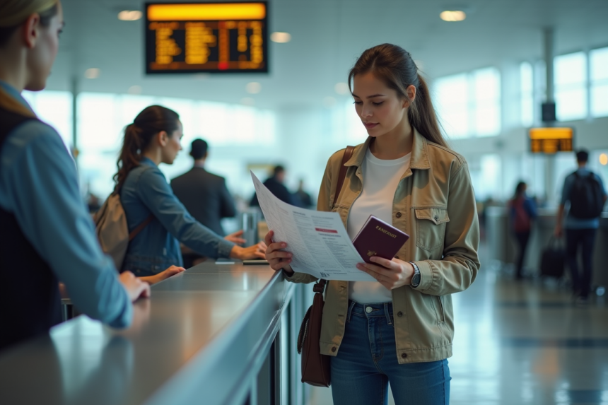 Femme à l'aéroport tenant un passeport et billet