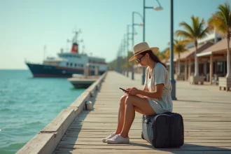 Femme inquiète assise sur une valise à Zanzibar