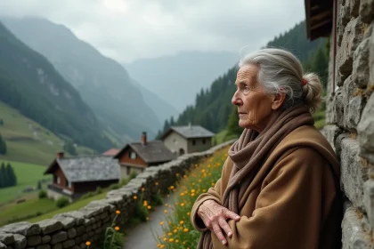 Femme italienne âgée dans un paysage montagnard serein