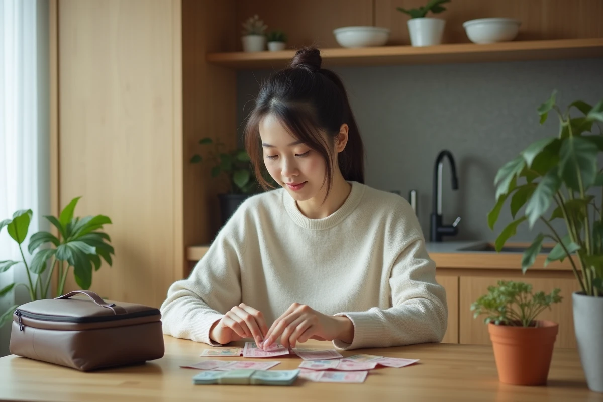 Jeune femme japonaise comptant des yen chez elle