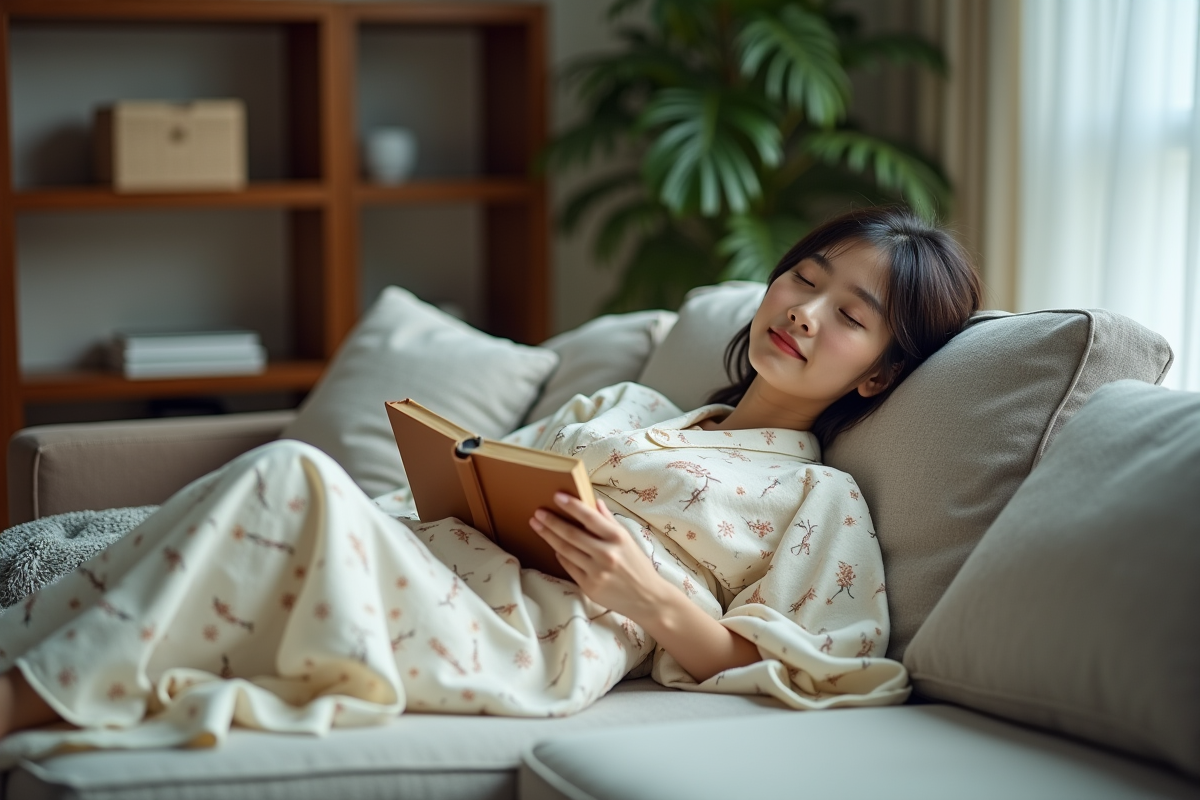 Jeune femme japonaise en yukata se relaxant dans un salon moderne