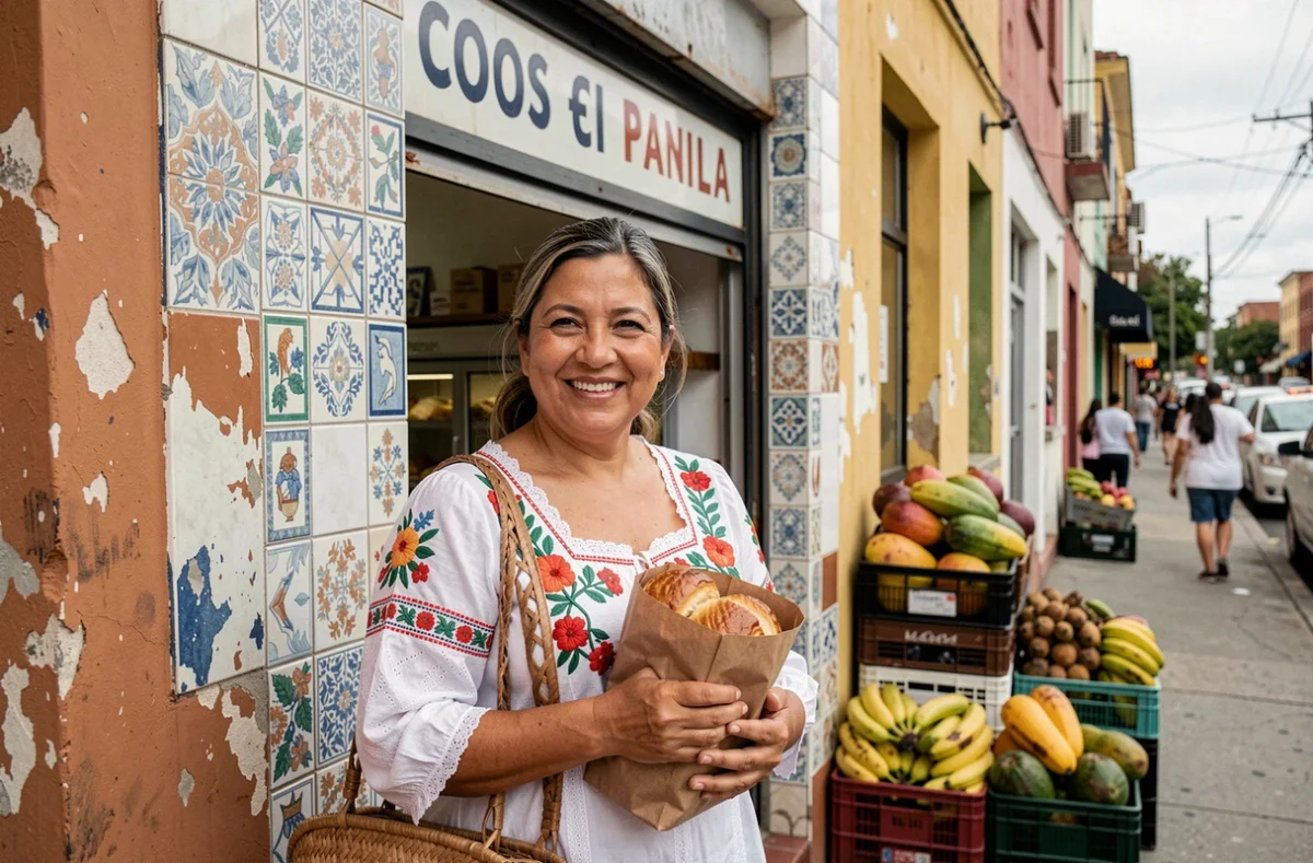 Femme latina d'âge mûr souriante devant une boulangerie colombienne traditionnelle à Corona, Queens, tenant un sac de pain sucré avec des fruits tropicaux en devanture