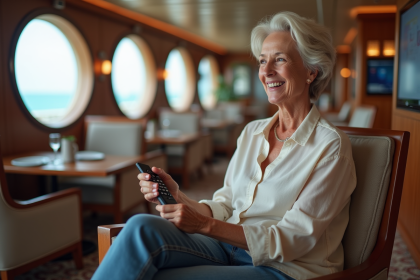 Femme détendue dans lounge de croisière avec TV
