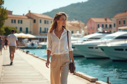 Femme élégante en linen à Porto Cervo avec yachts