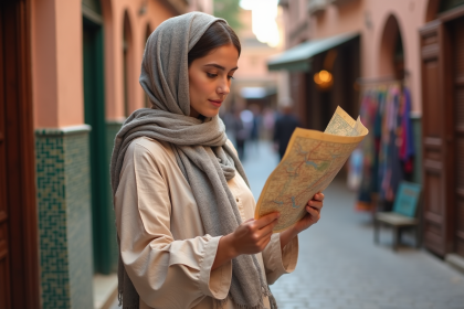 Jeune femme avec carte à Marrakech dans une rue colorée