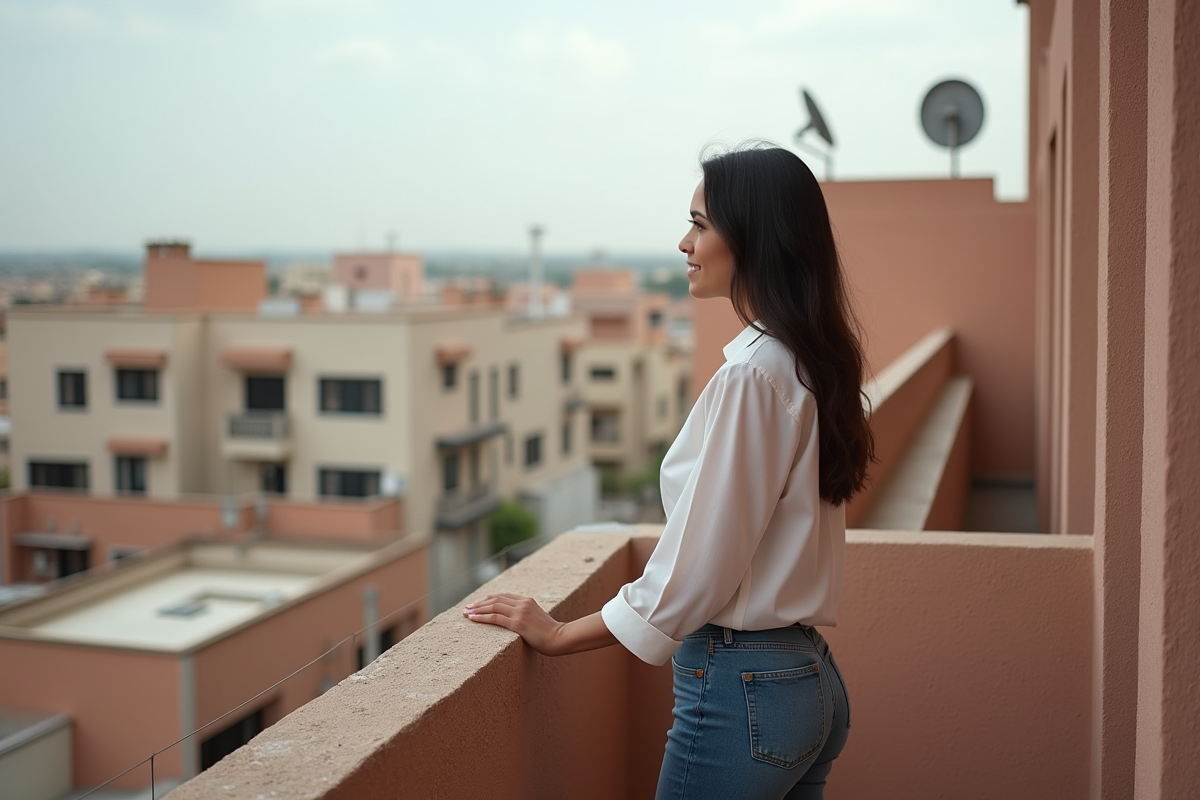 Jeune femme marocaine regarde la ville depuis un balcon
