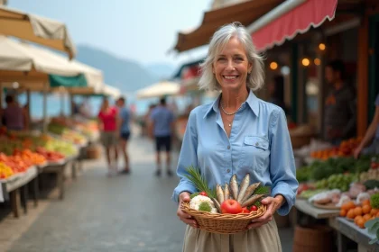Femme méditerranéenne souriante au marché en plein air