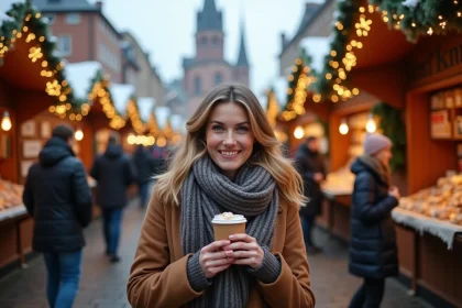 Femme souriante avec vin chaud devant marché de Noël à Lübeck