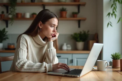 Femme en intérieur regardant un site de voyage sur son ordinateur