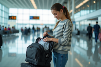 Jeune femme organisant son sac à l'aéroport