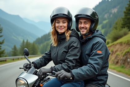 Jeune femme en moto avec un homme sur une route de montagne