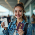 Femme souriante avec permis de conduire et passeport devant un terminal