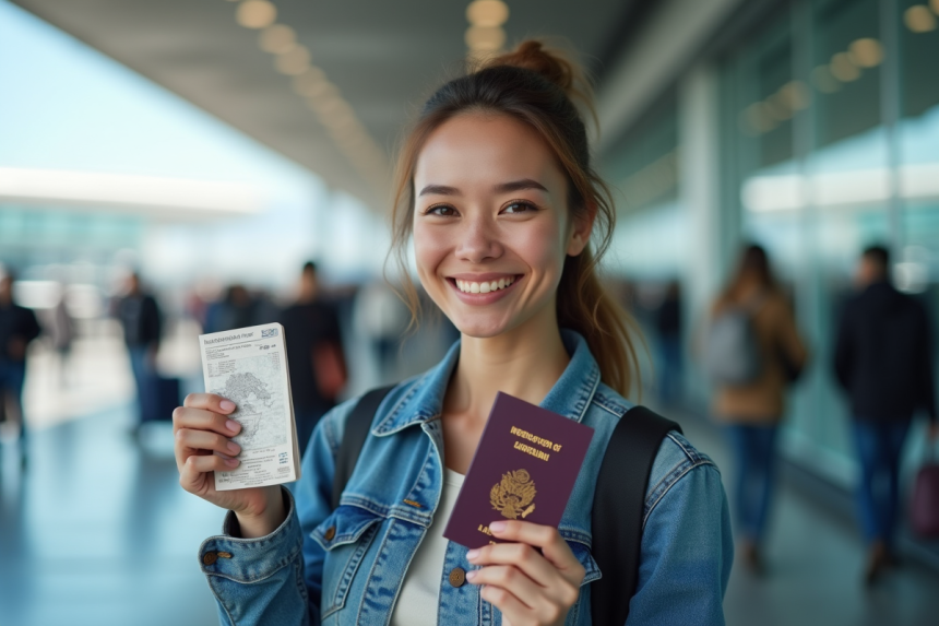 Femme souriante avec permis de conduire et passeport devant un terminal