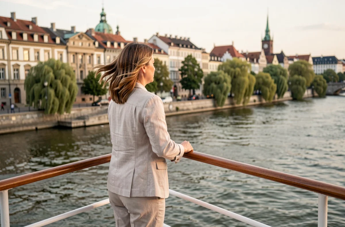 Femme contemplant le paysage depuis le pont d'un bateau de croisière sur le Danube