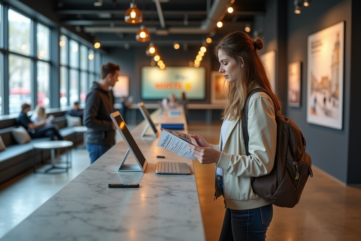 Femme seule regardant brochures dans une reception d