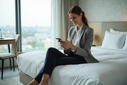 Femme en tenue casual relaxée dans un hôtel moderne