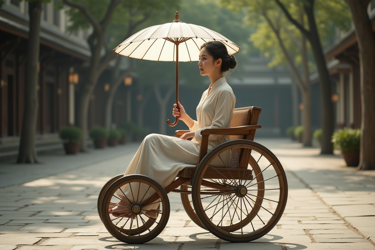 Jeune femme asiatique dans un rickshaw dans cour tranquille
