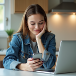 Femme en denim utilisant son smartphone dans une cuisine lumineuse