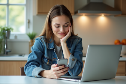 Femme en denim utilisant son smartphone dans une cuisine lumineuse