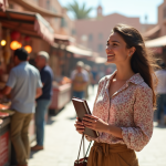 Jeune femme souriante dans le marché Jemaa elFnaa à Marrakech