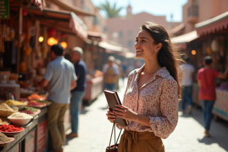 Jeune femme souriante dans le marché Jemaa elFnaa à Marrakech