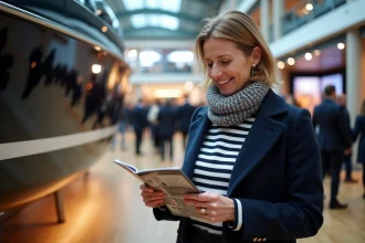 Femme souriante vérifiant brochure à l'entrée du salon nautique