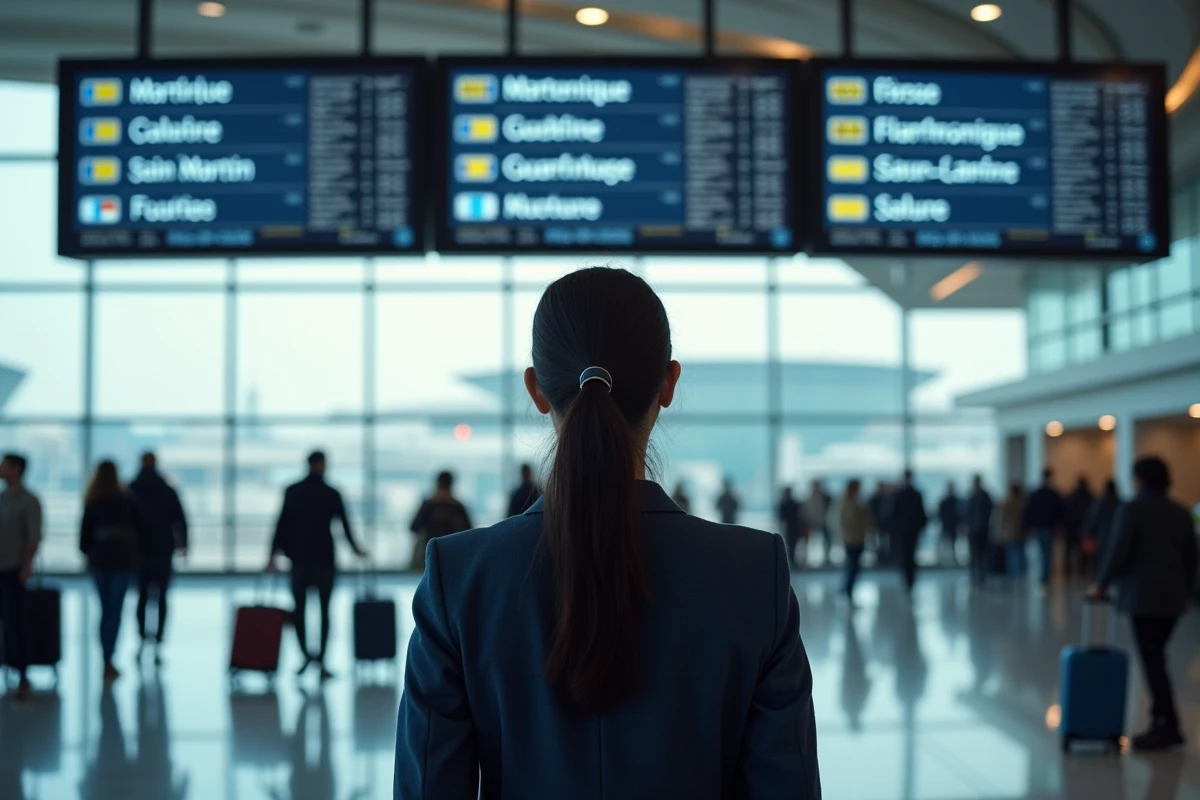 Femme consultant le tableau des départs dans un aéroport français avec vols vers les Caraïbes
