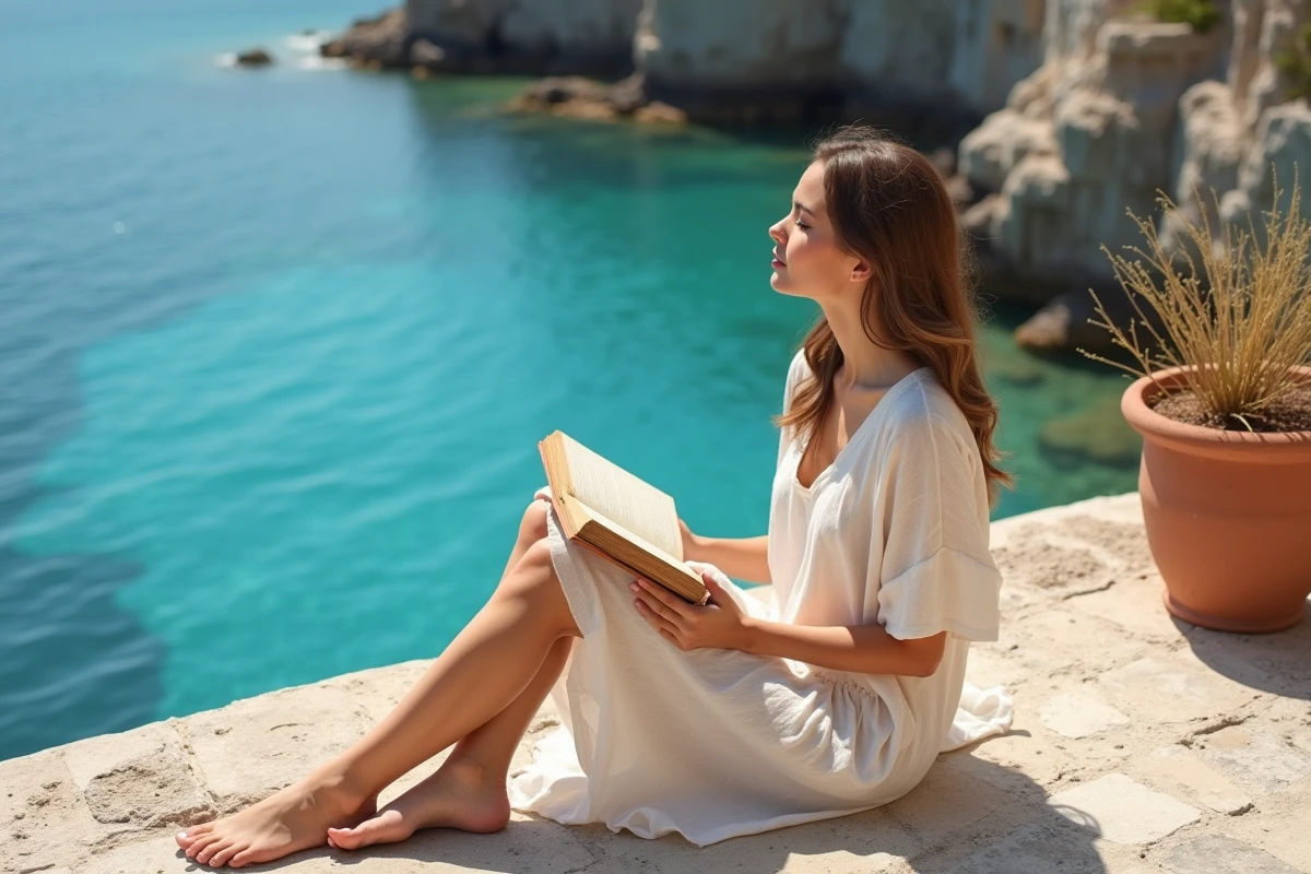 Jeune femme en robe de lin assise sur une terrasse en pierre contemplant une crique turquoise des Cyclades depuis Foléganfros ou Milos