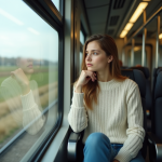Jeune femme dans un train regardant par la fenetre