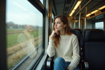 Jeune femme dans un train regardant par la fenetre