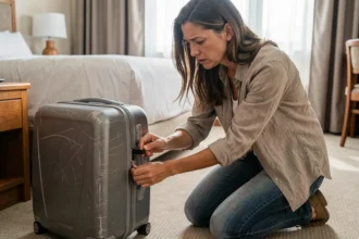 Femme agenouillée devant une valise à code oubliée dans une chambre d'hôtel