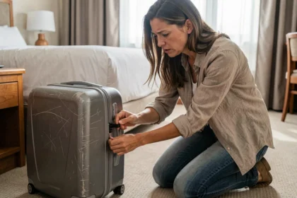 Femme agenouillée devant une valise à code oubliée dans une chambre d'hôtel
