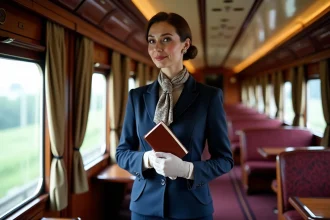 Femme élégante en train dans un train de luxe vintage