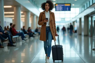 Jeune femme voyageant dans un aéroport européen avec valise