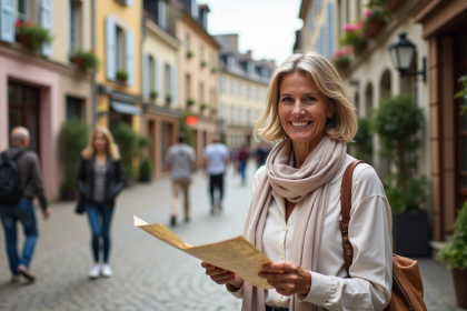 Femme souriante en voyage dans une ville française