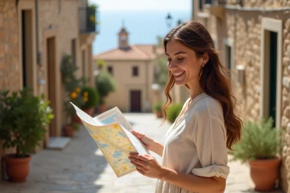 Femme souriante en Sicile avec carte dans un village