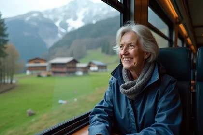 Femme en manteau regardant par la fenêtre d’un train suisse