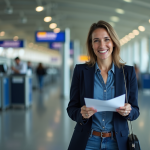 Femme souriante en blazer et jeans près du comptoir d'enregistrement