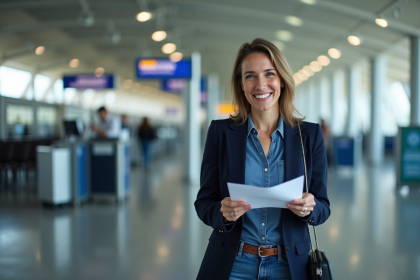 Femme souriante en blazer et jeans près du comptoir d'enregistrement