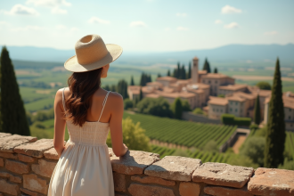 Jeune femme en robe en lin admire la vue en Toscane