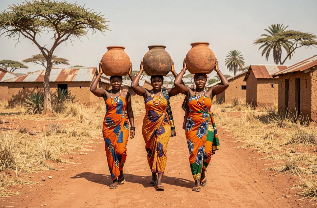 Femmes du village de Koriom portant des jarres en argile sur la tête le long d'un chemin de terre dans le Soudan du Sud