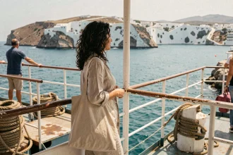 Femme sur le pont d'un ferry grec regardant l'île de Cythère depuis la mer Égée