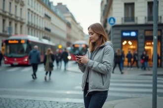 Une femme consulte une application de navigation sur son smartphone au carrefour d'une ville européenne animée, illustrant les trajets simplifiés avec Mappy