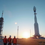Fusée Ariane 6 verticale au lever du soleil avec ingénieurs