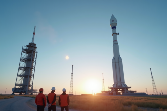 Fusée Ariane 6 verticale au lever du soleil avec ingénieurs