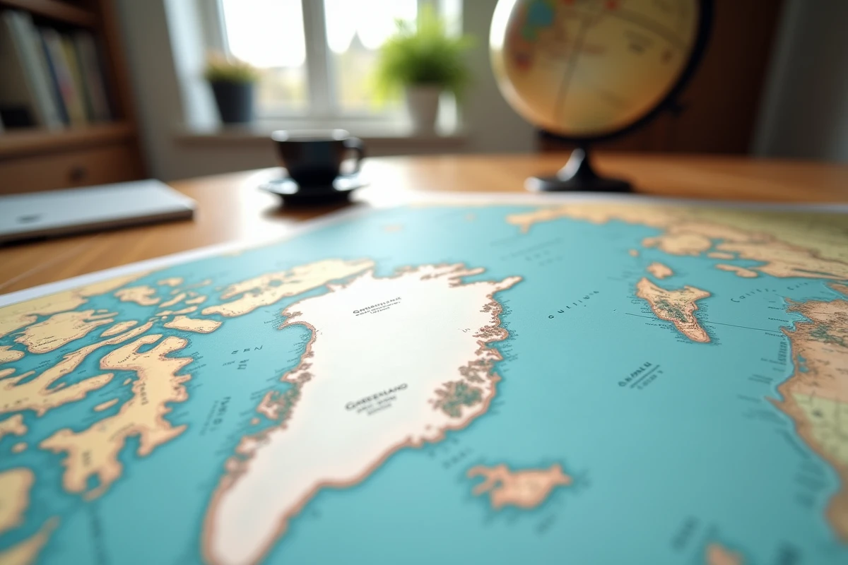 Gros plan sur la région du Groenland sur une carte du monde imprimée en HD, posée sur une table en chêne avec un globe vintage en arrière-plan flou