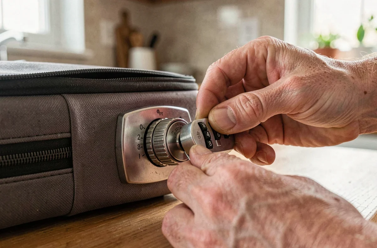Gros plan de mains manipulant le cadenas à code d'une valise posée sur une table