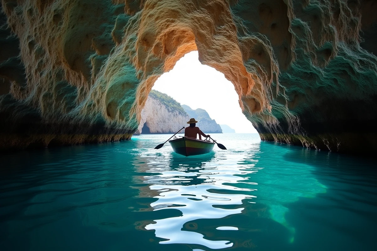Pêcheur local en barque naviguant dans les Grottes Bleues aux reflets turquoise sur la côte nord de Zakynthos