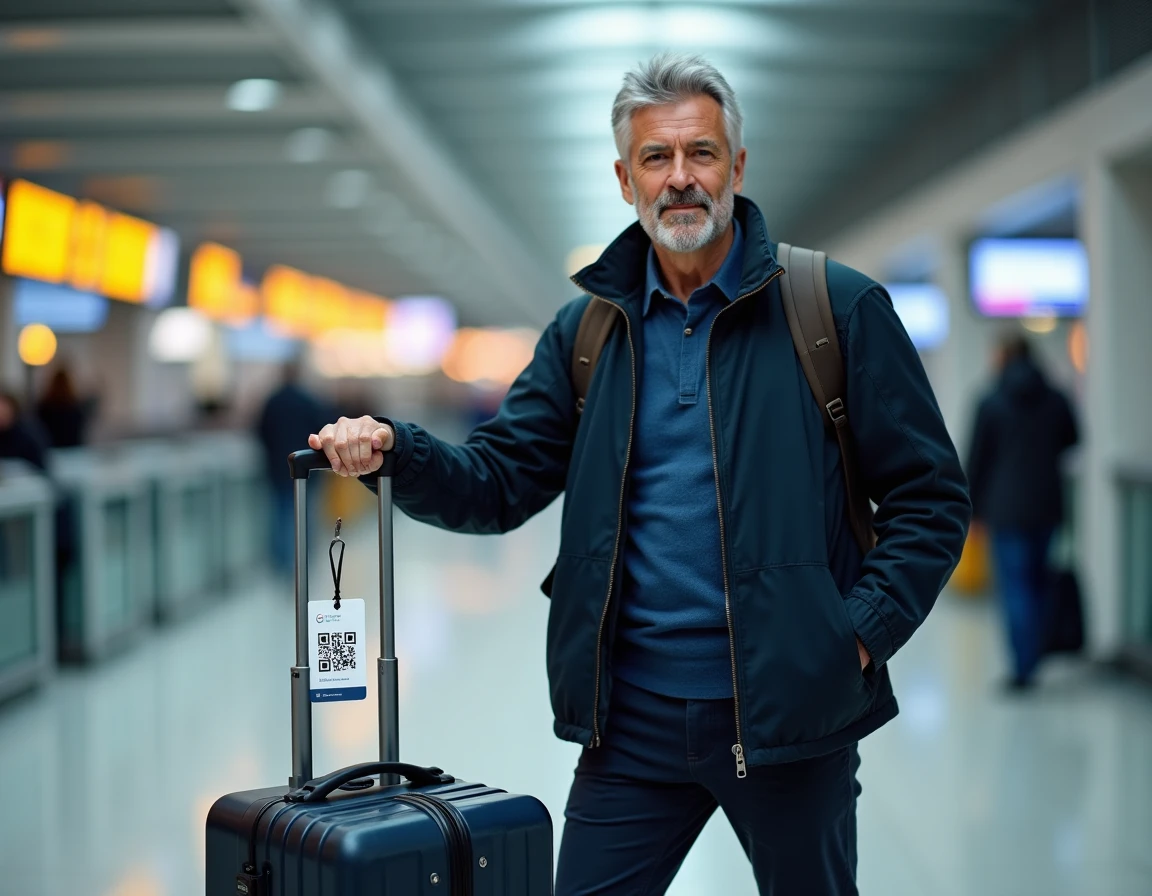 Homme à l'aéroport montrant une étiquette de valise avec QR code imprimé comme solution anti-perte pour bagages