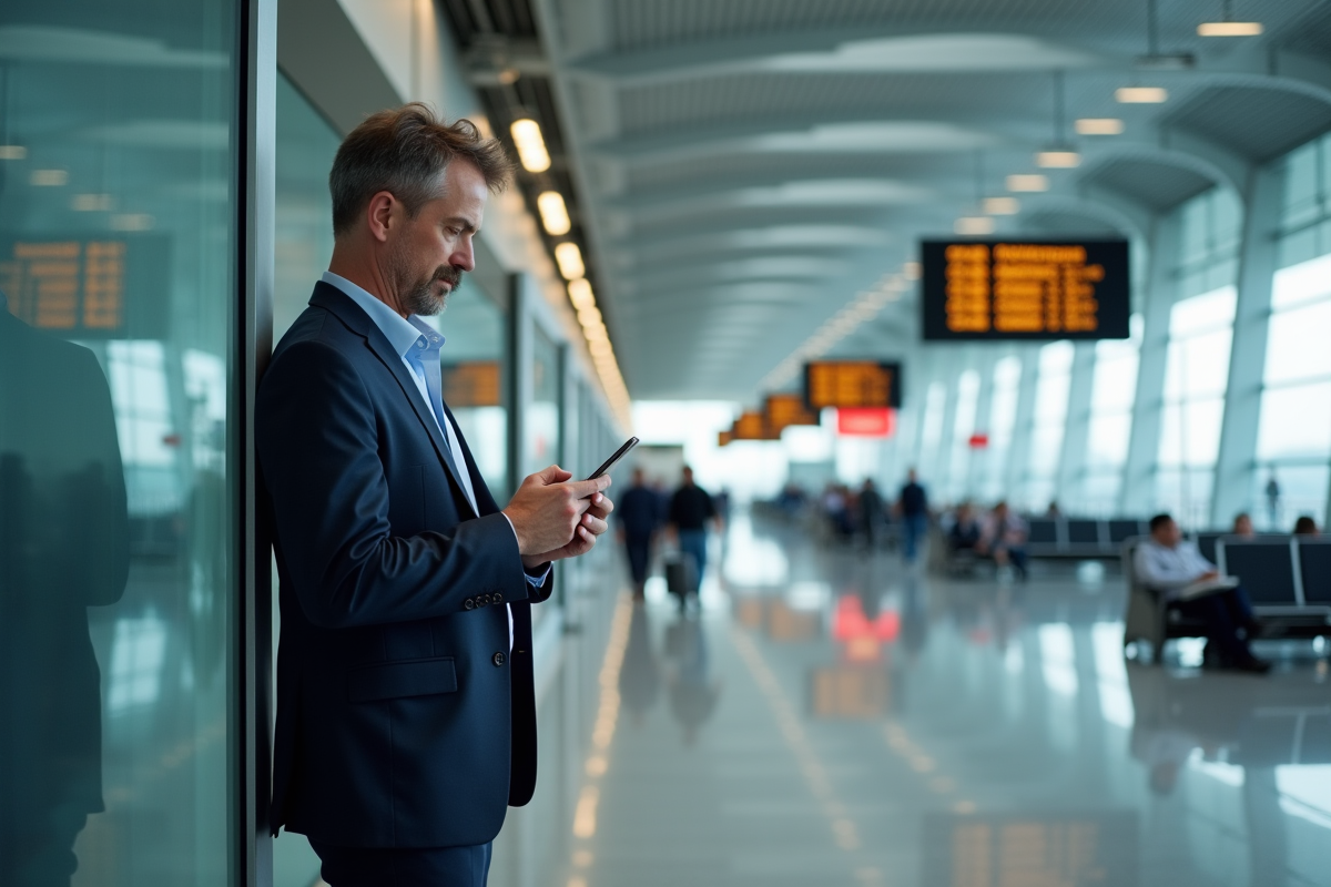 Homme d affaires dans un aeroport regardant son portable